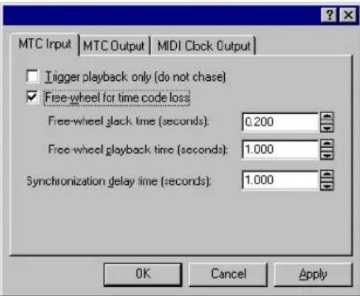 MTC Input | MTC Output | MIDI Clock Output | Trigger playback only (do not chase) Free-wheel for time code loss Free-wheel slack time (seconds): 0.200 Free-wheel playback time (seconds): 1.000 Synchronization delay time (seconds): 1.000 OK Cancel Apply