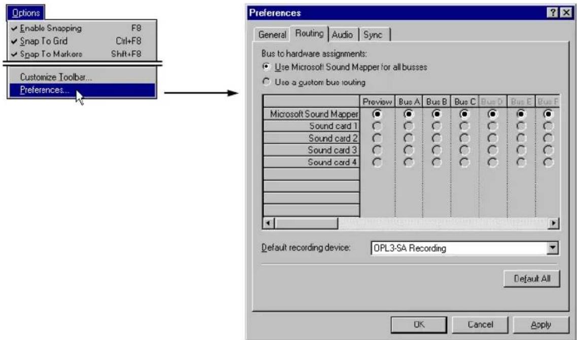 Options Enable Snapping F8 Snap To Grid Ctrl+F8 Snap To Markers Shift+F8 Customize Toolbar... Preferences... Preferences General Routing Audio Sync Bus to hardware assignments: Use Microsoft Sound Mapper for all busses Use a custom bus routing Preview Bus A Bus B Bus C Bus D Bus E Bus F Microsoft Sound Mapper Sound card 1 Sound card 2 Sound card 3 Sound card 4 Default recording device: OPL3-SA Recording Default All OK Cancel Apply