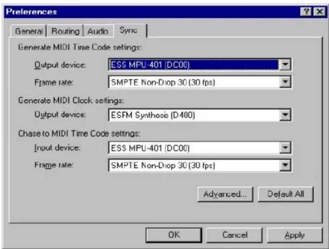 Preferences General | Routing | Audio | Sync | Generate MIDI Time Code settings: Output device: ESS MPU-401 (DC00) Frame rate: SMPTE Non-Diop 30 (30 fps) Generate MIDI Clock settings: Output device: ESFM Synthesis (D 400) Chase to MIDI Time Code settings: Input device: ESS MPU-401 (DC00) Frame rate: SMPTE Non-Diop 30 (30 fps) Advanced... Default All OK Cancel Apply