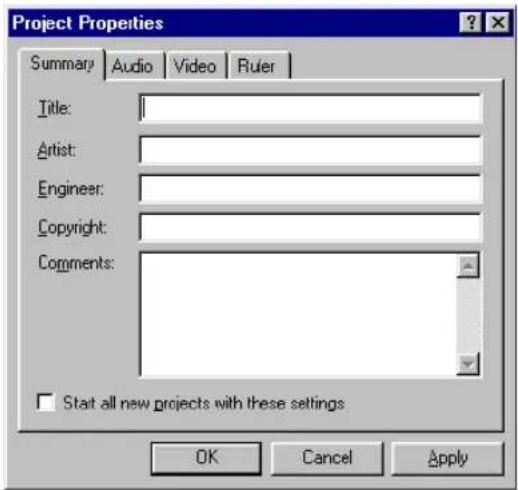 Project Properties Summary Audio Video Ruler Title: Artist: Engineer: Copyright: Comments: □ Start all new projects with these settings OK Cancel Apply