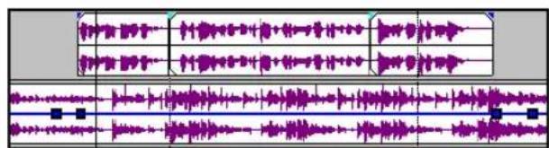 Audio waveform diagram showing multiple channels with purple and blue tones, labeled in English.