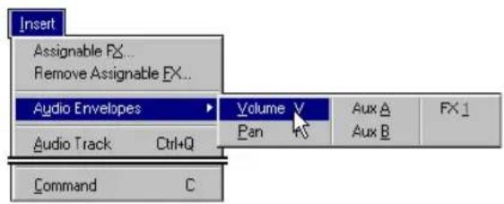 Insert Assignable FX... Remove Assignable FX... Audio Envelopes Volume V Pan Aux A FX 1 Audio Track Ctrl+Q Aux B Command C