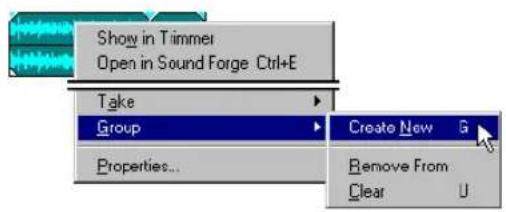 Show in Timmer Open in Sound Forge Ctrl+E Take Group Properties... Create New G Remove From Clear U