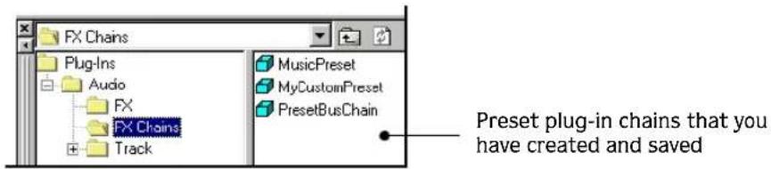 FX Chains Plug-Ins Audio FX FX Chains Track MusicPreset MyCustomPreset PresetBusChain Preset plug-in chains that you have created and saved