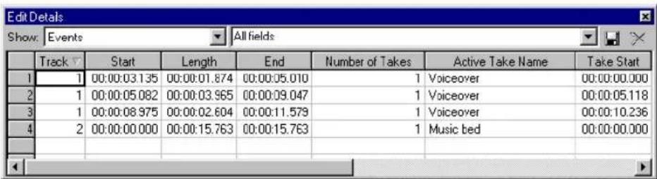 Edit Details Show: Events All fields Track Start Length End Number of Takes Active Take Name Take Start 1 1 00:00:03.135 00:00:01.874 00:00:05.010 1 Voiceover 00:00:00.000 2 1 00:00:05.082 00:00:03.965 00:00:09.047 1 Voiceover 00:00:05.118 3 1 00:00:08.975 00:00:02.604 00:00:11.579 1 Voiceover 00:00:10.236 4 2 00:00:00.000 00:00:15.763 00:00:15.763 1 Music bed 00:00:00.000
