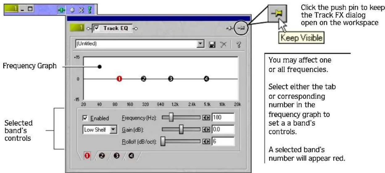 Click the push pin to keep the Track FX dialog open on the workspace Track EQ (Untitled) Frequency Graph 1 2 3 4 Selected band's controls You may affect one or all frequencies. Select either the tab or corresponding number in the frequency graph to set a a band's controls. A selected band's number will appear red.