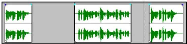 Audio waveform display showing four green audio waveforms in different frame settings