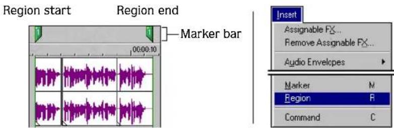 Region start Region end Marker bar Insert Assignable FX... Remove Assignable FX... Audio Envelopes Marker Region F Command C