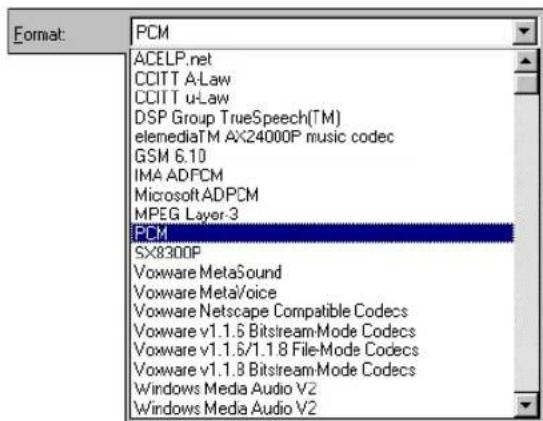 Format: PCM ACELP.net CCITT A-Law CCITT u-Law DSP Group TrueSpeech(TM) elemediaTM AX24000P music codec GSM 6.10 IMA ADPCM MicrosoftADPCM MPEG Layer-3 PCM SX8300P Vovware MetaSound Vovware MetaVoice Vovware Netscape Compatible Codecs Vovware v1.1.6 BitstreamMode Codecs Vovware v1.1.6/1.1.8 File-Mode Codecs Vovware v1.1.8 BitstreamMode Codecs Windows Media Audio V2 Windows Media Audio V2