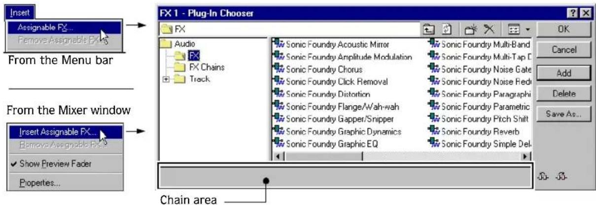 Insert Assignable FX... Remove Assignable FX From the Menu bar From the Mixer window Insert Assignable FX... Remove Assignable FX ✓ Show Preview Fader Properties... FX 1 - Plug-In Chooser FX Audio FX FX Chains Track Sonic Foundry Acoustic Mirror Sonic Foundry Amplitude Modulation Sonic Foundry Chorus Sonic Foundry Click Removal Sonic Foundry Distortion Sonic Foundry Flange/Wah-wah Sonic Foundry Gapper/Snipper Sonic Foundry Graphic Dynamics Sonic Foundry Graphic EQ Sonic Foundry Multi-Band Sonic Foundry Multi-Tap D Sonic Foundry Noise Gate Sonic Foundry Noise Redt Sonic Foundry Paragraphs Sonic Foundry Parametric Sonic Foundry Pitch Shift Sonic Foundry Reverb Sonic Foundry Simple Del OK Cancel Add Delete Save As... Chain area
