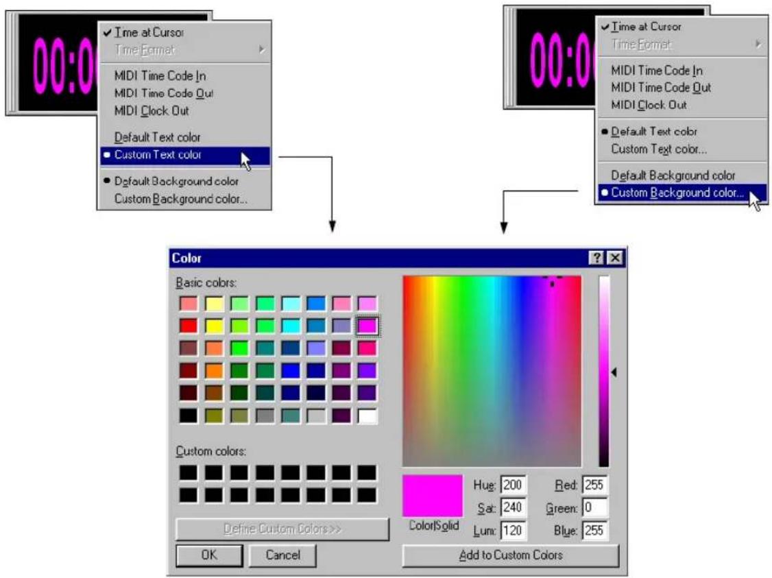 00:0 ✓ Time at Cursor Time Format MIDI Time Code In MIDI Time Code Out MIDI Clock Out Default Text color ● Custom Text color ● Default Background color Custom Background color... Color Basic colors: Custom colors: Define Custom Colors>> OK Cancel Add to Custom Colors 00:0 ✓ Time at Cursor Time Format MIDI Time Code In MIDI Time Code Out MIDI Clock Out ● Default Text color Custom Text color... Default Background color ● Custom Background color...