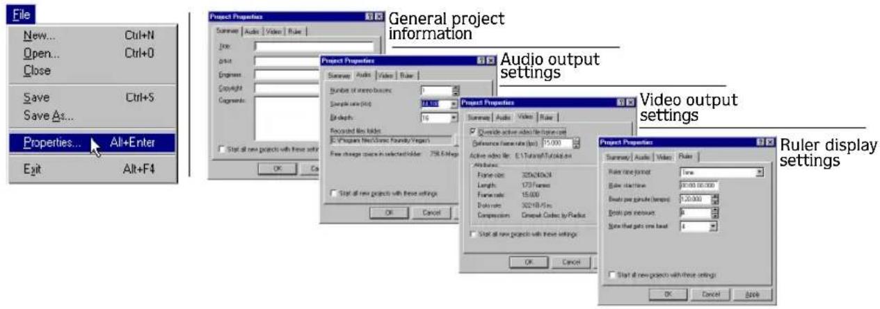 File New... Ctrl+N Open... Ctrl+0 Close Save Ctrl+S Save As... Properties... Alt+Enter Exit Alt+F4 General project information Audio output settings Video output settings Ruler display settings Project Properties Summary Audio Video Rule Line: Print Engineer Copyright Cognments Project Properties Summary Audio Video Rule Number of video sources: Sample size (bit) Bit depth: 16 Recorded file size: E:\Program Files\Current Foundry\Vegan\ Free change price in selected folder: 758.6 meg Project Properties Summary Audio Video Rule ✓ Outside active video file (file name code) Reference frame rate (bps): 15.000 Active video file: E:\Tunes\Tunes files Attributes: Frame rate: 320/40/64 Length: 173/frame Frame rate: 15.000 Frame rate: 302/48/56 Compression: Cineptal Code by Radius ✓ Start all new projects with these settings: OK Cancel Project Properties Summary Audio Video Rule Rule: new format: Time Rule: start time: 40.000.00.000 Rule: run minute (temp): 120.000 Rule: run timeout: 0 Rule: that gets one best: 4 ✓ Start all new projects with these settings: OK Cancel Cancel