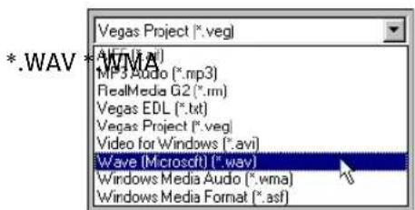 *.WAV *. Vegas Project (*.veg) AWF (*.avi) MP3 Audio (*.mp3) RealMedia G2 (*.rm) Vegas EDL (*.txt) Vegas Project (*.veg) Video for Windows (*.avi) Wave (Microsoft) (*.wav) Windows Media Audio (*.wma) Windows Media Format (*.asf)