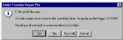 Sonic Foundry Vegas Pro E:\Music\Delta.wav The file could not be found in the specified folder. It may be on the Vegas CD-ROM. Would you like to look in a new location for this file? Yes No No to All Cancel