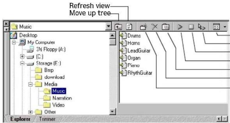 Refresh view Move up tree Music Desktop My Computer 3½ Floppy (A:) [C:] Storage (E:) Bmp download Media Music Narration Video Other Drums Horns LeadGuitar Organ Piero RhythGuitar Explorer Trimmer