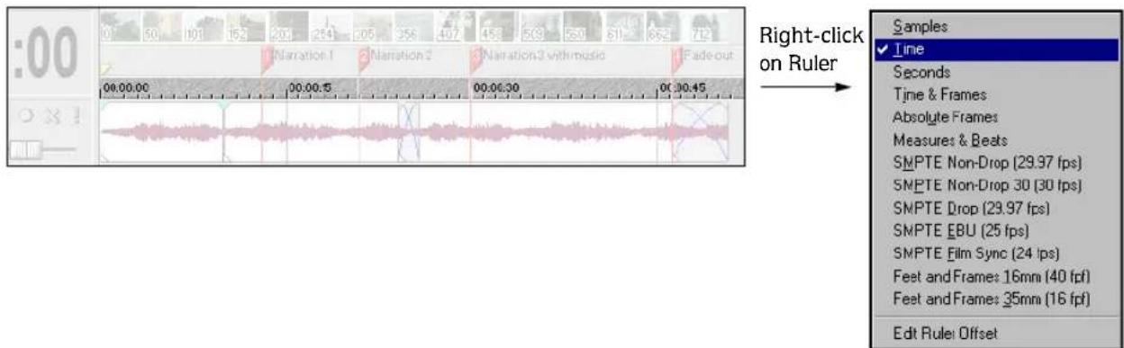 :00 00:00:00 00:00.5 00:06:30 00:30:45 Right-click on Ruler Samples ✓ Time Seconds Time & Frames Absolute Frames Measures & Beats SMPTE Non-Drop (29.97 fps) SMPTE Non-Drop 30 (30 fps) SMPTE Drop (29.97 fps) SMPTE EBU (25 fps) SMPTE Film Sync (24 fps) Feet and Frames: 16mm (40 fpf) Feet and Frames: 35mm (16 fpf) Edit Rule Offset