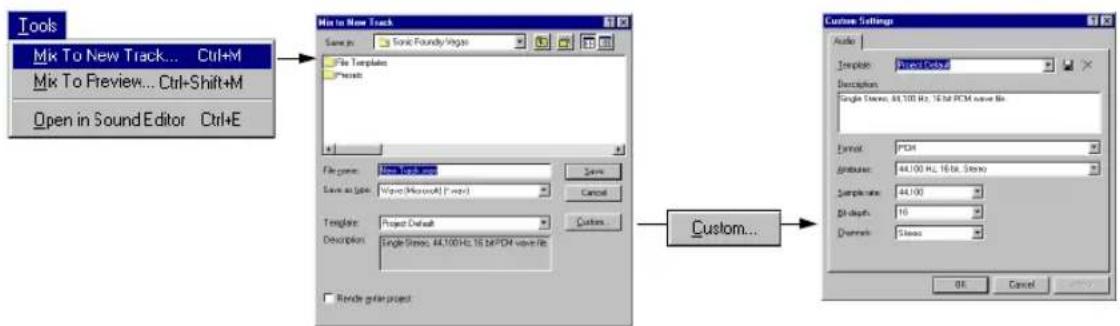 Tools Mk To New Track... Ctrl+M Mk To Preview... Ctrl+Shift+M Open in Sound Editor Ctrl+E Mk to New Track Save in: Tonic Foundry Vlogs File Templates historic File name: Mio Dusks Save as Spin: Vipero (Microsoft) Forms Save As Template: Project Default Description: Single Strips, 44.100 Hz, 16 MB/PCM wave file Custom... Custom... Custom Settings Audio Template: Project Default Description: Single Strips, 44.100 Hz, 16 MB PCM wave file Format: PCM Parameters: 44.100 Hz, 16 MB, Strips Sample rate: 44.100 Bit depth: 16 Dsetters: Strips OK Cancel Cancel