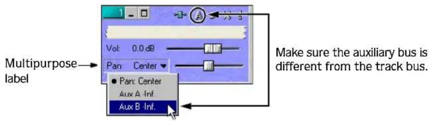 Multipurpose label Vol: 0.0 dB Pan: Center ● Pan: Center Aux A: Inf. Aux B: Inf. Make sure the auxiliary bus is different from the track bus.
