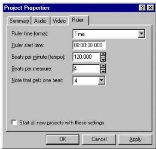 Project Properties Summary Audio Video Ruler Fuler time format: Time Fuler start time: 00:00:00.000 Beats per minute (tempo): 120.000 Beats per measure: 4 Note that gets one beat: 4 □ Start all new projects with these settings OK Cancel Apply