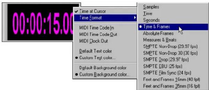 00:00:15.00 Time at Cursor Time Format MIDI Time Code In MIDI Time Code Out MIDI Clock Out Default Text color Custom Text color... Default Background color Custom Background color... Samples Time Seconds Time & Frames Absolute Frames Measures & Beats SMPTE Non-Drop (29.97 fps) SMPTE Non-Drop 30 (30 fps) SMPTE Drop (29.97 fps) SMPTE EBU (25 fps) SMPTE Film Sync (24 fps) Feet and Frames 16mm (40 fpl) Feet and Frames 35mm (16 fpl)