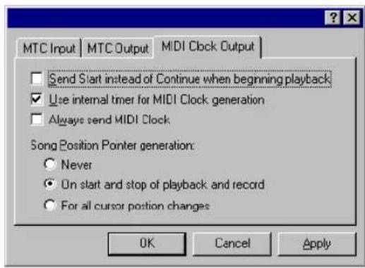 MTC Input | MTC Output | MIDI Clock Output | Send Start instead of Continue when beginning playback Use internal timer for MIDI Clock generation Always send MIDI Clock Song Position Pointer generation: Never On start and stop of playback and record For all cursor position changes OK Cancel Apply