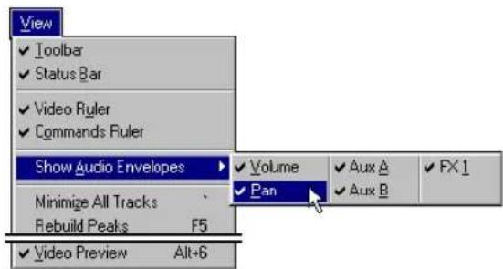 View ✓ Toolbar ✓ Status Bar ✓ Video Ruler ✓ Commands Ruler Show Audio Envelopes ✓ Volume ✓ Pan ✓ Aux A ✓ Aux B ✓ FX 1 Minimize All Tracks Fiebuild Peaks F5 ✓ Video Preview Alt+6