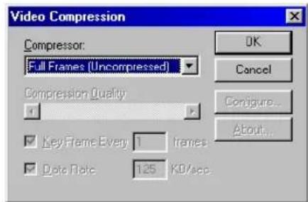 Video Compression Compressor: Full Frames (Uncompressed) Compression Quality Key Frame Every 1 frames Data Note 125 KD/sec OK Cancel Configure... About...