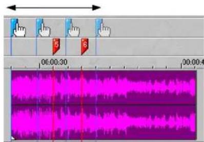 Audio editing timeline interface showing track controls and audio waveform display