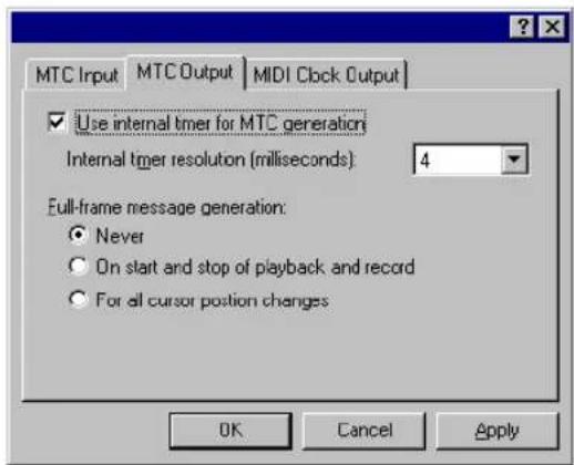 MTC Input MTC Output MIDI Clock Output Use internal timer for MTC generation Internal timer resolution (milliseconds): 4 Full-frame message generation: Never On start and stop of playback and record For all cursor position changes OK Cancel Apply