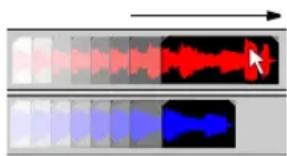 Audio waveform visualization showing two channels with red, blue, and gray segments and a black arrow indicating direction