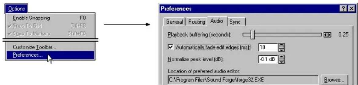 Options Enable Snapping F0 ✓ Snap To Grid Ctrl+F8 ✓ Snap To Markers Shift+F8 Customize Toolbar... Preferences... Preferences General | Flouting | Audio | Sync | Playback buffering (seconds): 0.25 ✓ Automatically fade edit edges (ms): 10 Normalize peak level (dB): -0.1 dB Location of preferred audio editor: C:\Program Files\Sound Forge\forge32.EXE Browse...