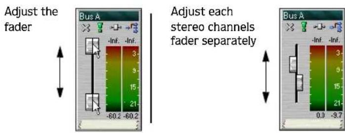 Adjust the fader Bus A -Inf. -Inf. 3 9 15 21 -60.2 -60.2 Adjust each stereo channels fader separately Bus A -Inf. -Inf. 3 9 15 21 0.0 -3.7