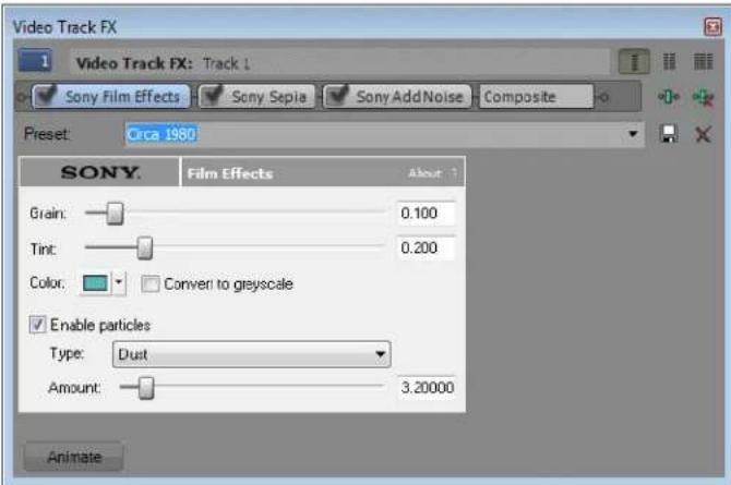 Video Track FX 1 Video Track FX: Track 1 Sony Film Effects Sony Sepia Sony Add Noise Composite Preset: Orca 1980 SONY. Film Effects About 1 Grain: 0.100 Tint: 0.200 Color: Convert to greyscale Enable particles Type: Dust Amount: 3.20000 Animate