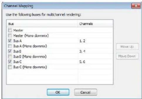 Channel Mapping Use the following buses for multichannel rendering: Bus Channels □ Master □ Master (Mono downmix) ✓ Bus A 1, 2 □ Bus A (Mono downmix) ✓ Bus B 3, 4 □ Bus E (Mono downmix) ✓ Bus C 5, 6 □ Bus C (Mono downmix) OK Cancel