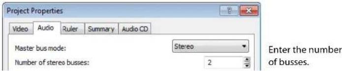 Project Properties Video Audio Ruler Summary Audio CD Master bus mode: Stereo Number of stereo busses: 2 Enter the number of busses.