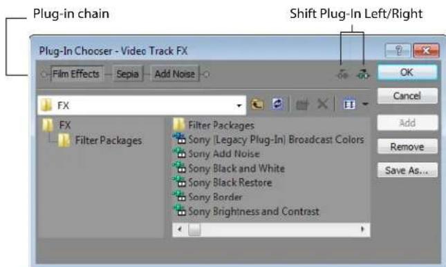 Plug-in chain Shift Plug-In Left/Right Plug-In Chooser - Video Track FX Film Effects Sepia Add Noise FX FX Filter Packages Filter Packages Sony [Legacy Plug-In] Broadcast Colors Sony Add Noise Sony Black and White Sony Black Restore Sony Border Sony Brightness and Contrast OK Cancel Add Remove Save As...