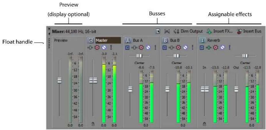 Preview (display optional) Float handle Mixer: 44,100 Hz 16-bit Busses Assignable effects Preview Master Bus A Dim Output Insert FX... Insert Bus Cantor -8.5 -7.5 Cantor -10.8 -10.1 Reverb In -13.5 -12.8 Out -13.5 -12.8 Cantor
