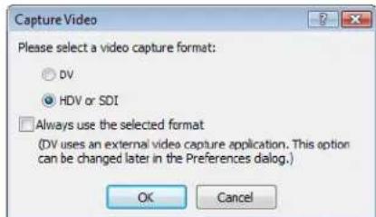 Capture Video Please select a video capture format: ○ DV ● HDV or SDI □ Always use the selected format (DV uses an external video capture application. This option can be changed later in the Preferences dialog.) OK Cancel