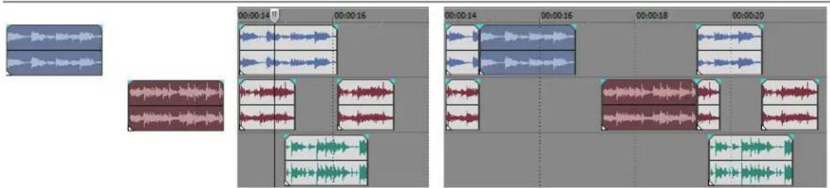 Audio recording software interface showing multiple audio tracks with varying waveform patterns and timecode labels