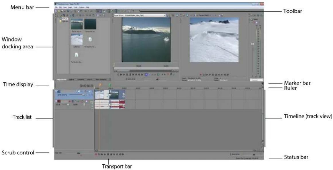 Menu bar Window docking area Time display Track list Scrub control Transport bar Toolbar Marker bar Ruler Timeline (track view) Status bar