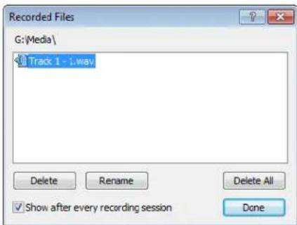 Recorded Files G:\Media\ Track 1 - L.way Delete Rename Delete All Show after every recording session Done
