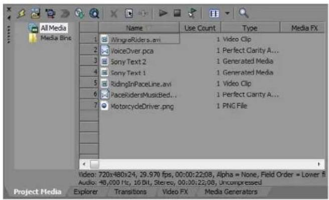 All Media Media Bins 1 WingesRiders.avi 2 VoiceOver.pca 3 Sony Text 2 4 Sony Text 1 5 RidingInPaceLine.avi 6 PaceRidersMusicBed... 7 MotorcycleDriver.png 1 Video Clip 1 Perfect Cavity A... 1 Generated Media 1 Generated Media 1 Video Clip 1 Perfect Cavity A... 1 PNG File Video: 720x480x24, 29.970 fps, 00:00:22:08, Alpha = None, Field Order = Lower fi Audio: 48,000 Hz, 16 Bit, Stereo, 00:00:22:08, Uncompressed Project Media Explorer Transitions Video FX Media Generators