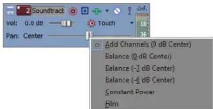 Soundtrack Vol: 0.0 dB Pan: Center Touch Add Channels (0 dB Center) Balance (0 dB Center) Balance (-3 dB Center) Balance (-6 dB Center) Constant Power Film