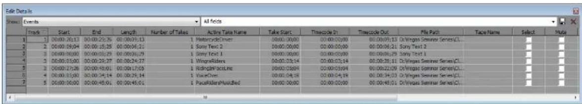 Edit Details Show: Events All fields Track Start End Length Number of Takes Active Title Name Take Start Timecode 01 Timecode Out File Path Taste Name Select Help 1 3 00:00:26:13 00:00:29:25 00:00:09:13 1 MotorcycleDriver 00:00:00:00 00:00:00:00 00:00:09:13 D:\Wegas Seminar Series\CL... 2 2 00:00:09:04 00:00:15:25 00:00:06:21 1 Sony Text 2 00:00:00:00 00:00:00:00 00:00:06:21 Sony Text 2 3 3 00:00:16:00 00:00:15:29 01:00:16:29 1 Sony Text 1 00:00:16:00 01:00:16:29 Sony Text 1 4 4 00:00:15:00 00:00:29:27 01:00:24:27 1.WingraRiders 00:00:15:14 01:00:15:14 01:38:38:11 D:\Wegas Seminar Series\CL... 5 5 00:00:27:26 01:00:15:01 01:38:17:35 1.RidingRideLine 01:38:38:44 01:38:38:44 01:38:38:44 D:\Wegas Seminar Series\CL... 6 6 46.36.35.36 36.36.35.34 36.36.35.34 36.36.35.34 D:\Wegas Seminar Series\CL... 7 7 56.36.35.36 56.36.35.34 56.36.35.34 D:\Wegas Seminar Series\CL...
