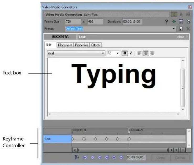 Video Media Generators Video Media Generators Sony Text Frame Size: 720 x 480 Duration: 00:00:10:00 Preset: Default Text SONY. Text Edit Placement Properties Effects Arial 72 B I Text box Typing Keyframe Controller Text 00:00:06:00 00:00:04:28 < 1 > + - 00:00:05:00