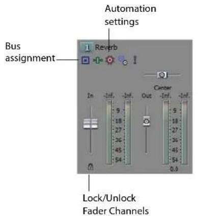 Automation settings Bus assignment Reverb Center In -Inf. -Inf. Out -Inf. -Inf. 9 18 27 36 45 54 0.0 Lock/Unlock Fader Channels