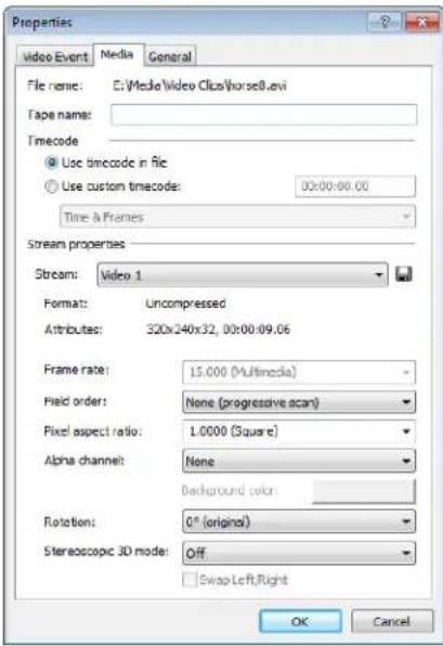 Properties Video Event Media General File name: E:\Media\Video\Clsc\Horset8.avi Tape name: Timecode Use timecode in file Use custom timecode: 00:00:00.00 Time & Frames Stream properties Stream: Video 1 Format: Uncompressed Attributes: 320x240x32, 00:00:09.06 Frame rate: 15.000 (Multimedia) Field order: None (progressive scan) Pixel aspect ratio: 1.0000 (Square) Alpha channel: None Background color: Rotation: 0° (original) Stereoscopic 3D mode: Off Swap Left Right OK Cancel