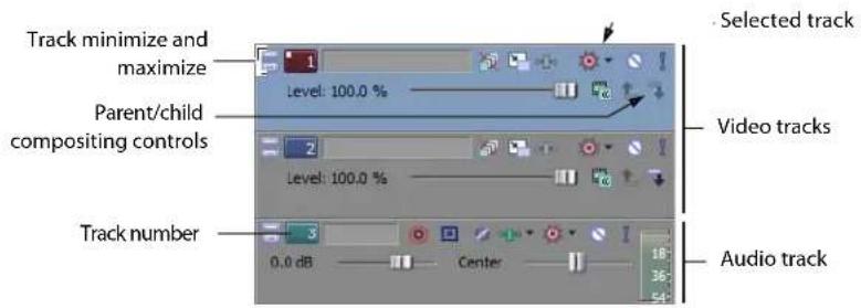 Track minimize and maximize Parent/child compositing controls Selected track level: 100.0 % Video tracks Level: 100.0 % Audio track Track number 0.0 dB Center