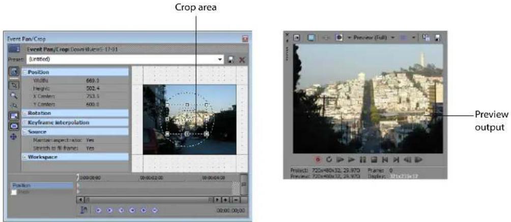 Crop area Event Pan/Crop Event Pan/Crop:Down Views: 17-51 Project: Untitled Position Width: 669.3 Height: 502.4 X Content: 253.5 Y Content: 500.0 Rotation Keyframe Interpolation Source Maintain Aspectrator: Yes Stretch to Fill Frames: Yes Workspace Preview (Full) Preview output Project: 720x80x32, 28.970 Preview: 720x80x32, 28.970 Preview: 720x80x32, 28.970