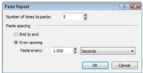 Paste Repeat Number of times to paste: 5 Paste spacing End to end Even spacing Paste every: 1.000 Seconds OK Cancel
